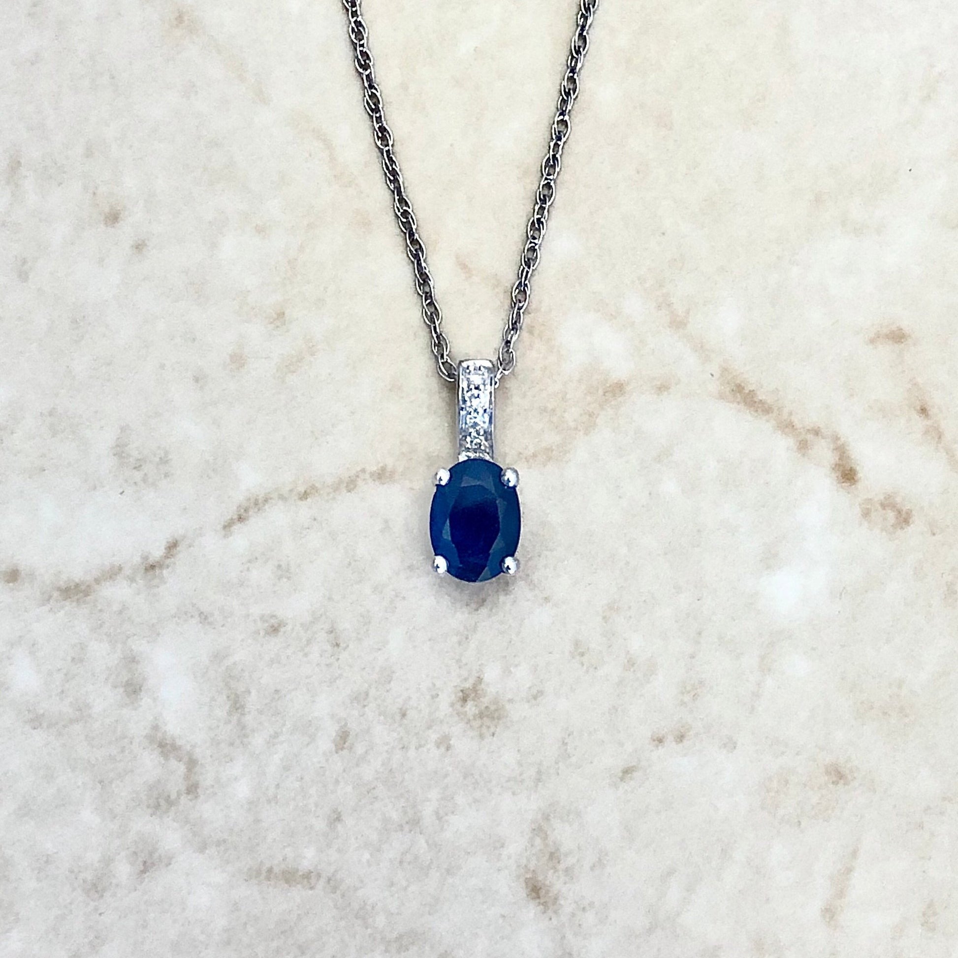 14K Oval Blue Sapphire And Diamond Pendant Necklace - 14K White Gold Sapphire Pendant - September Birthstone - Birthday Gift For Her