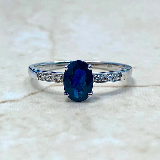 14 Karat White Gold September Birthstone Oval Blue Sapphire & Diamond Solitaire Ring - WeilJewelry