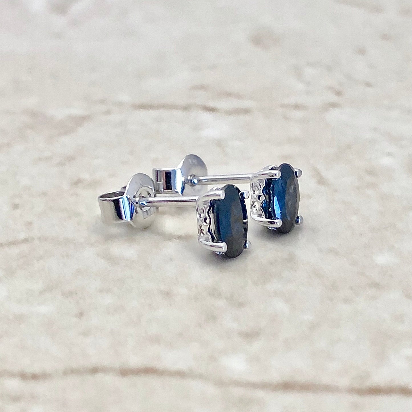 14K Oval Sapphire Stud Earrings - 14K White Gold Blue Sapphire Earrings - September Birthstone - Birthday Gift - Best Gift For Her