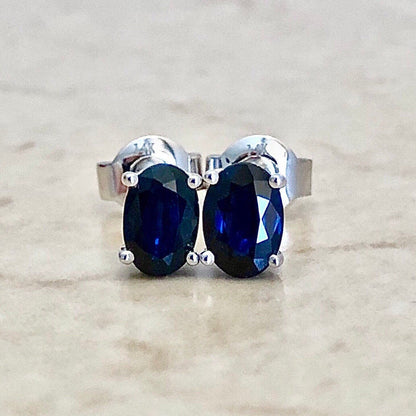 14K Oval Sapphire Stud Earrings - 14K White Gold Blue Sapphire Earrings - September Birthstone - Birthday Gift - Best Gift For Her