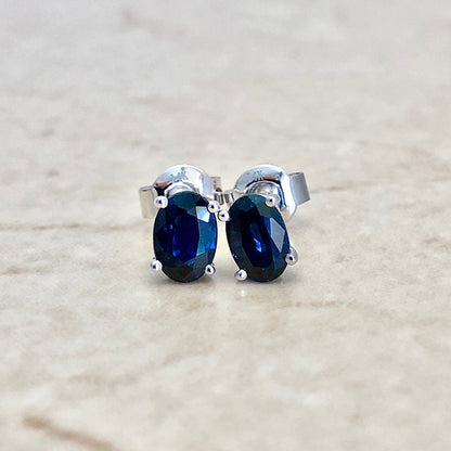 14 Karat White Gold September Birthstone Oval Blue Sapphire Stud Earrings - WeilJewelry