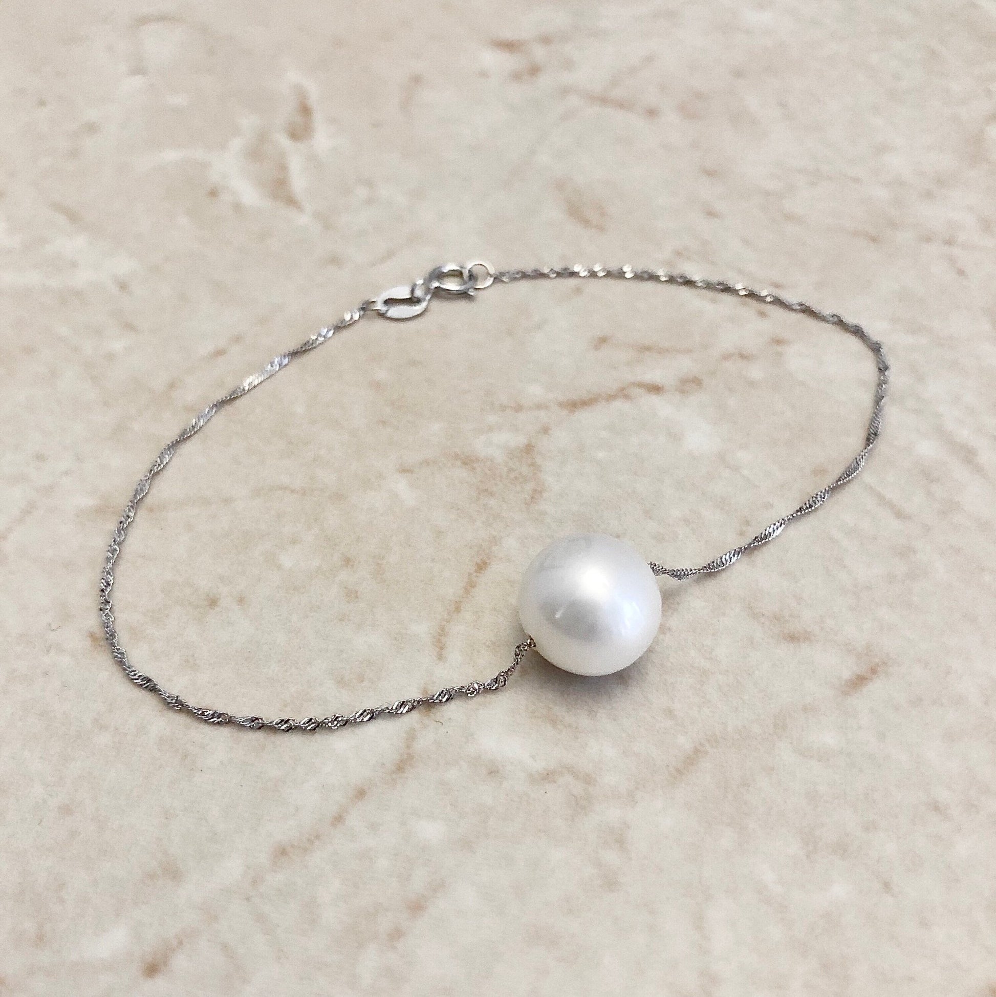 14K White Gold White Pearl Bracelet - Genuine Pearl Bracelet - Single Pearl Bracelet - Birthday Gift - June Birthstone - Best Gift For Her