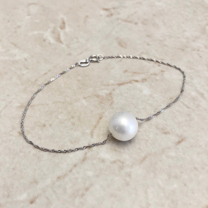 14K White Gold White Pearl Bracelet - Genuine Pearl Bracelet - Single Pearl Bracelet - Birthday Gift - June Birthstone - Best Gift For Her