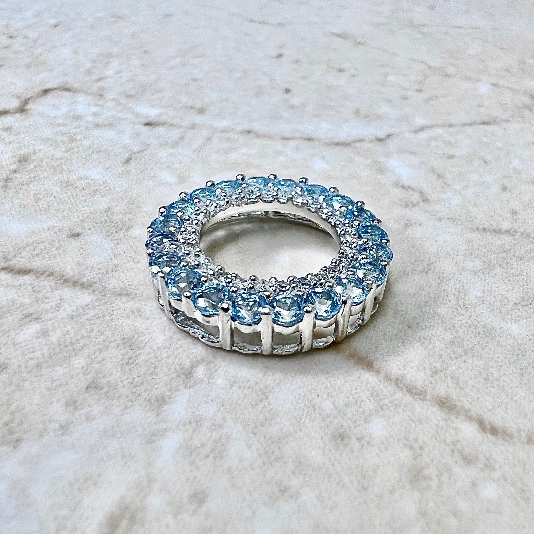 14K Sky Blue Topaz & Diamond Circle Pendant Necklace - White Gold Blue Topaz Pendant  - Birthstone Pendant - Valentine’s Day Gift