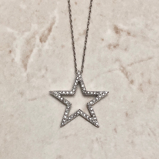 White Gold Star Diamond Pendant Necklace - 10 Karat White Gold - Diamond Necklace - Birthday Gift For Her