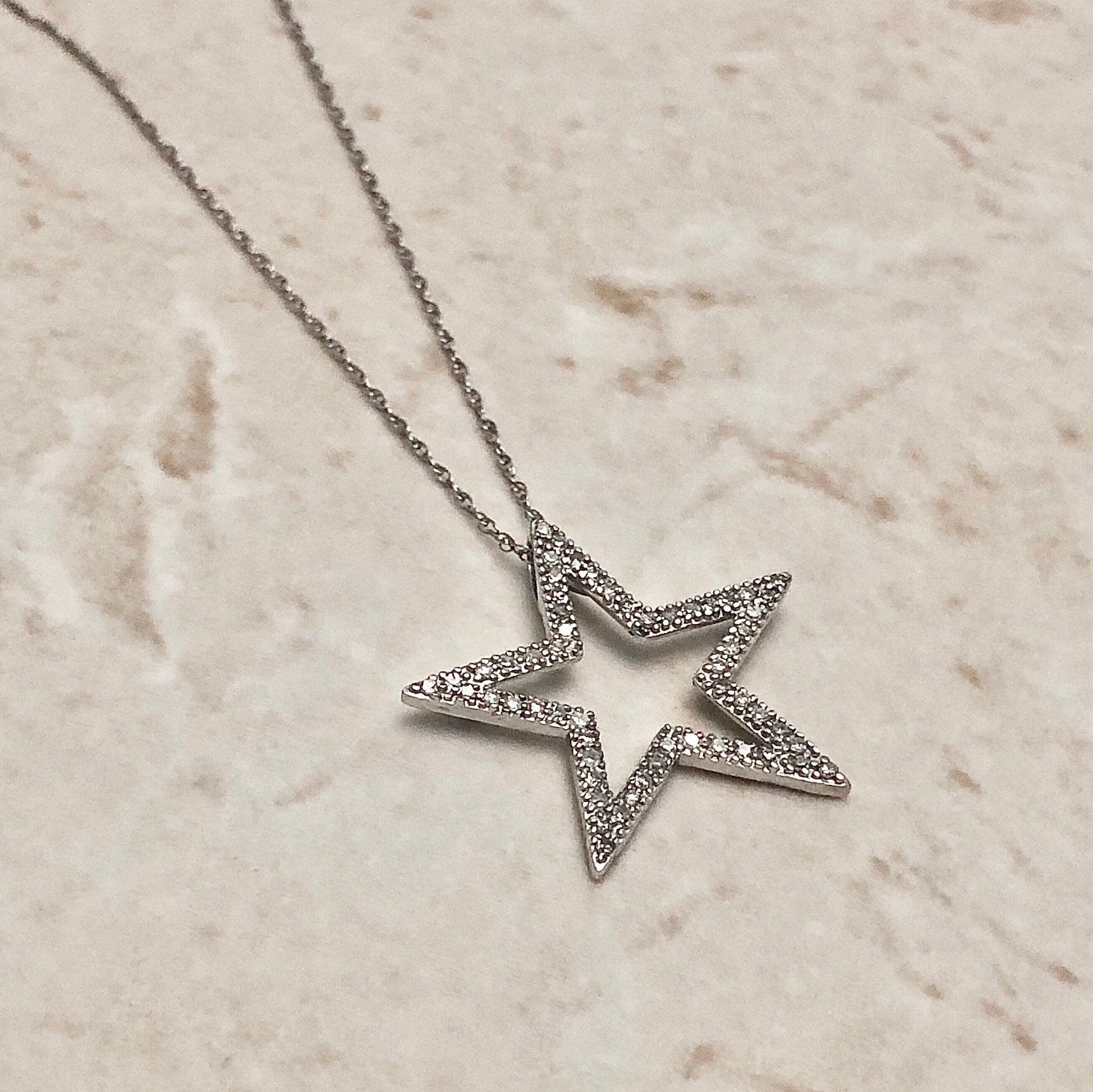 White Gold Star Diamond Pendant Necklace - 10 Karat White Gold - Diamond Necklace - Birthday Gift For Her