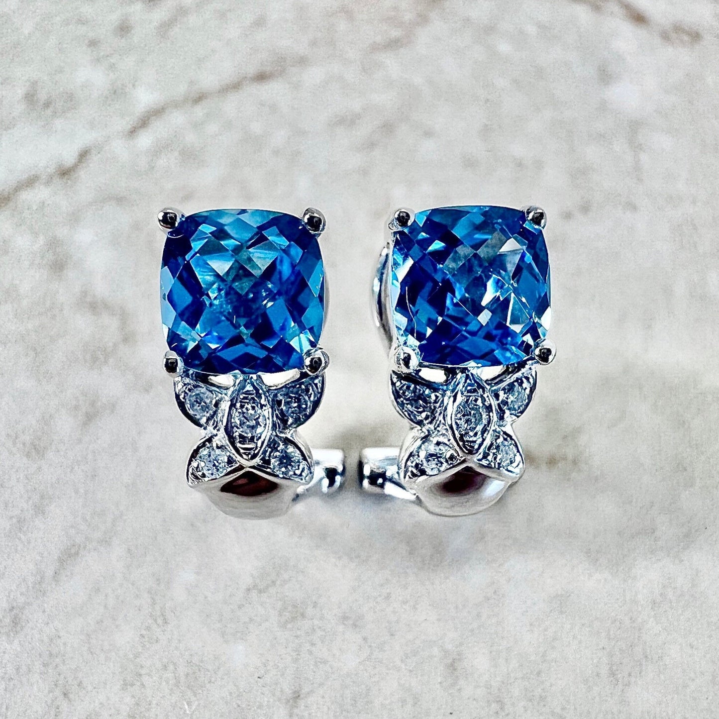 14K Swiss Blue Topaz & Diamond Stud Earrings - White Gold Blue Topaz Earrings - Genuine November December Birthstone - Birthday Gift