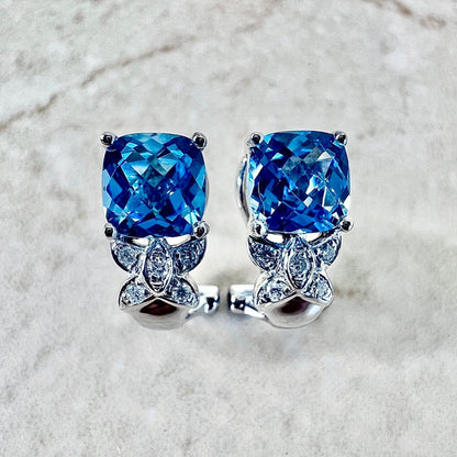 14 Karat White Gold Swiss Blue Topaz & Diamond Earrings - WeilJewelry