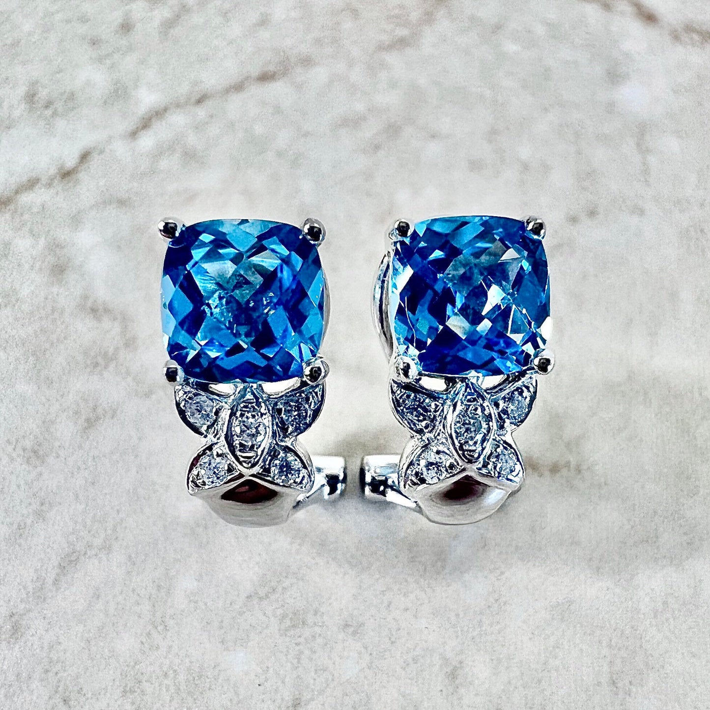 14K Swiss Blue Topaz & Diamond Stud Earrings - White Gold Blue Topaz Earrings - Genuine November December Birthstone - Birthday Gift