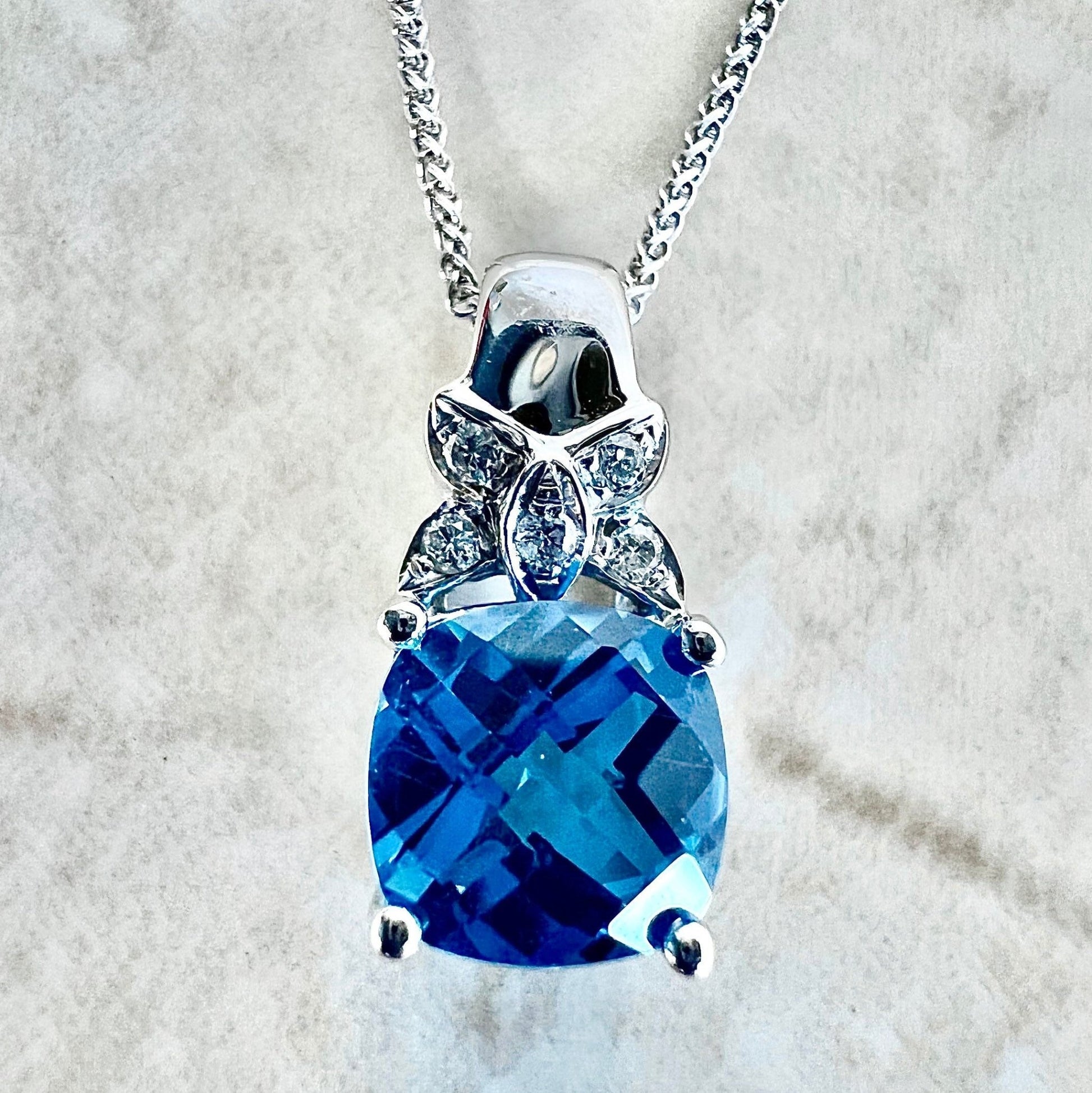 14K Swiss Blue Topaz & Diamond Pendant Necklace - White Gold Topaz Pendant - Genuine November December Birthstone - Birthday Gift