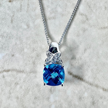 14K Swiss Blue Topaz & Diamond Pendant Necklace - White Gold Topaz Pendant - Genuine November December Birthstone - Birthday Gift