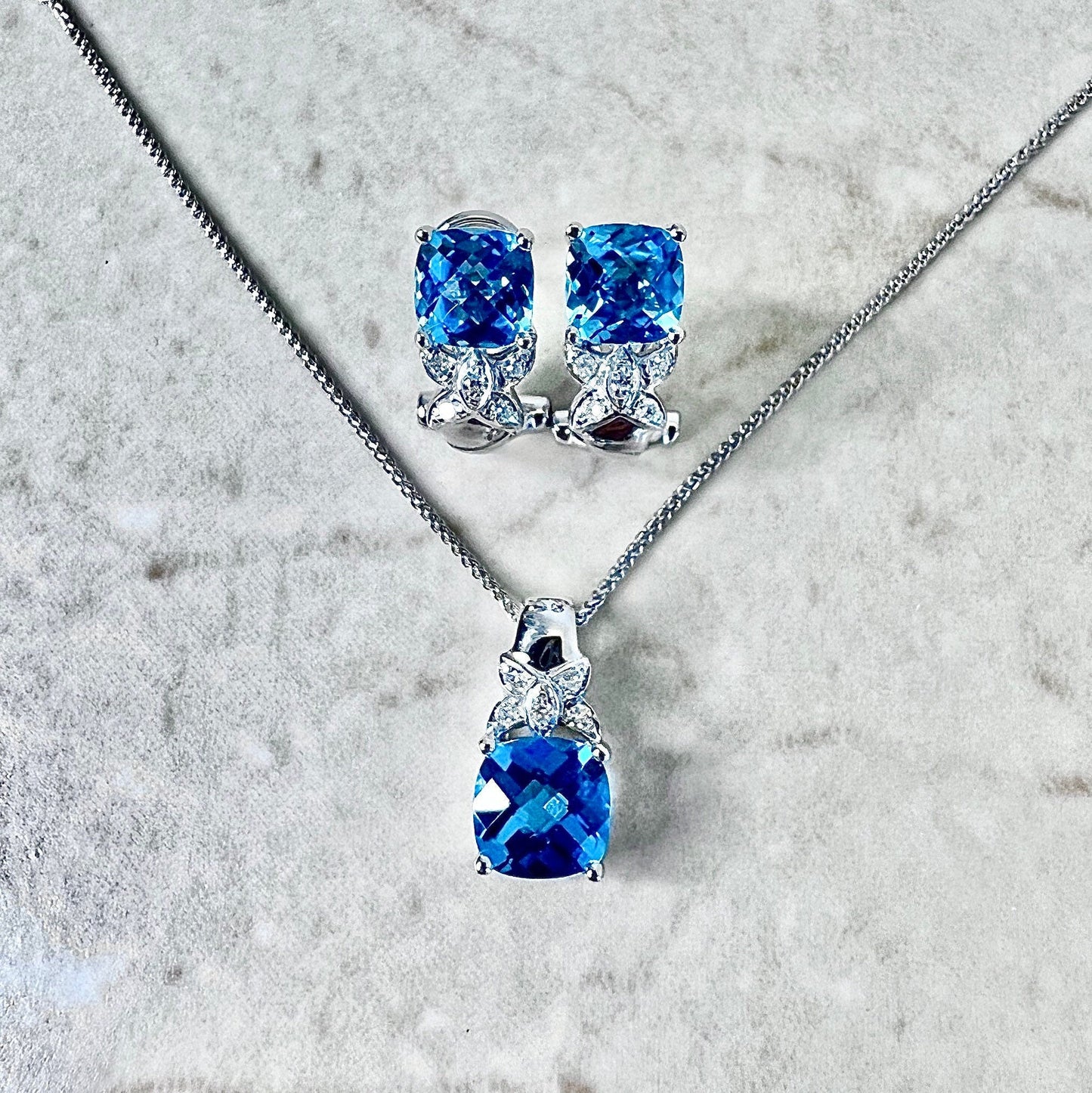 14K Swiss Blue Topaz & Diamond Stud Earrings Pendant Necklace Set - White Gold Blue Topaz Jewelry Set - December Birthstone - Birthday Gift
