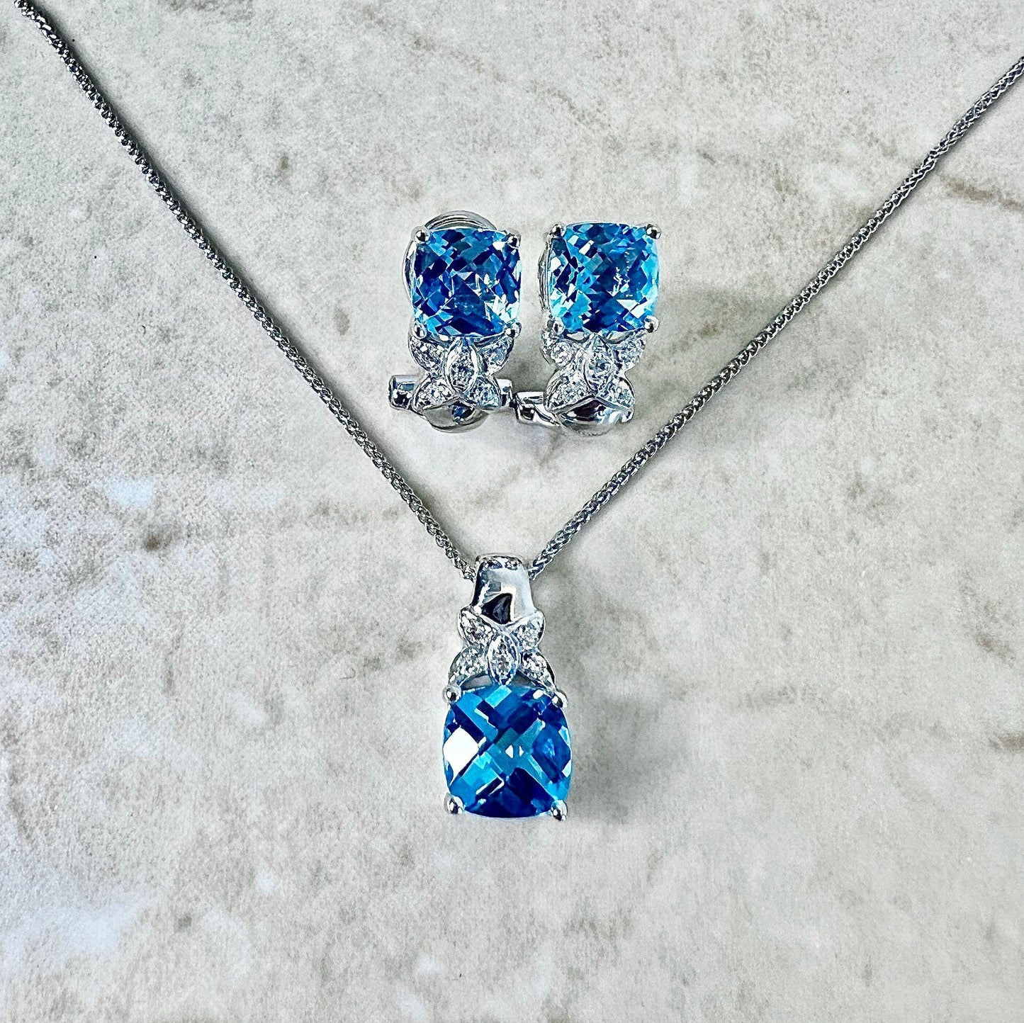 14K Swiss Blue Topaz & Diamond Stud Earrings Pendant Necklace Set - White Gold Blue Topaz Jewelry Set - December Birthstone - Birthday Gift