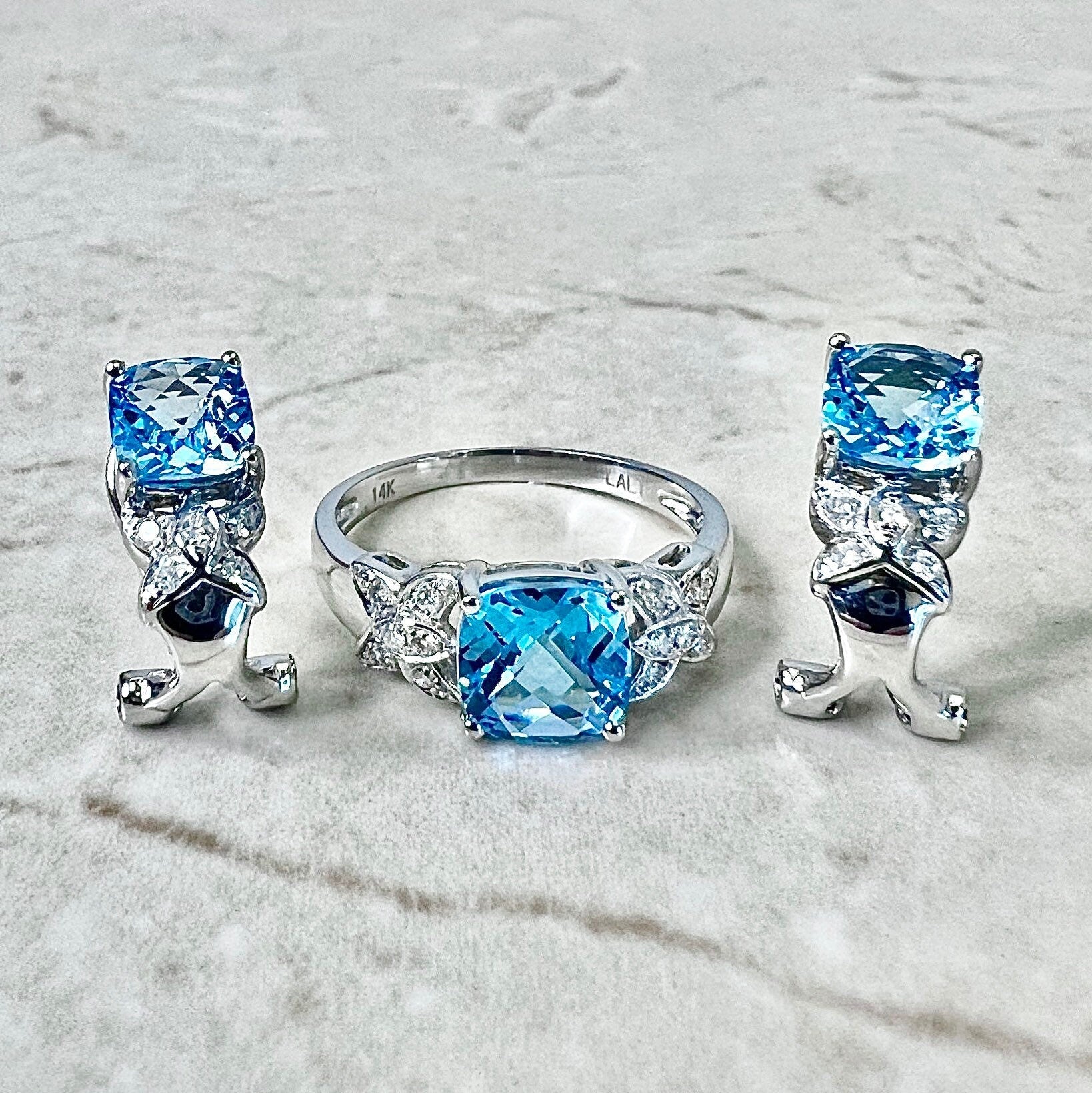 14K Swiss Blue Topaz & Diamond Ring And Stud Earrings Set - White Gold Blue Topaz Jewelry Set - December Birthstone - Birthday Gift