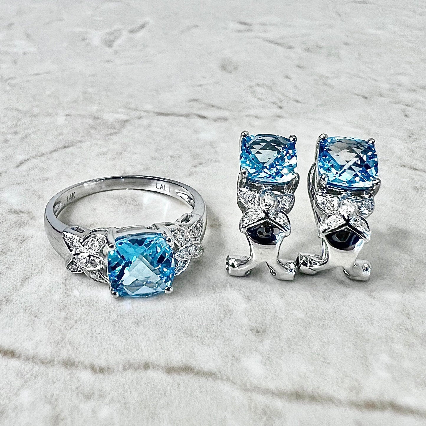 14K Swiss Blue Topaz & Diamond Ring And Stud Earrings Set - White Gold Blue Topaz Jewelry Set - December Birthstone - Birthday Gift