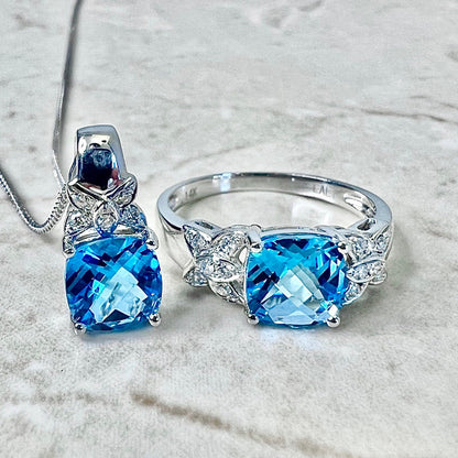 14K Swiss Blue Topaz & Diamond Ring And Pendant Necklace Set - White Gold Blue Topaz Jewelry Set - December Birthstone - Birthday Gift