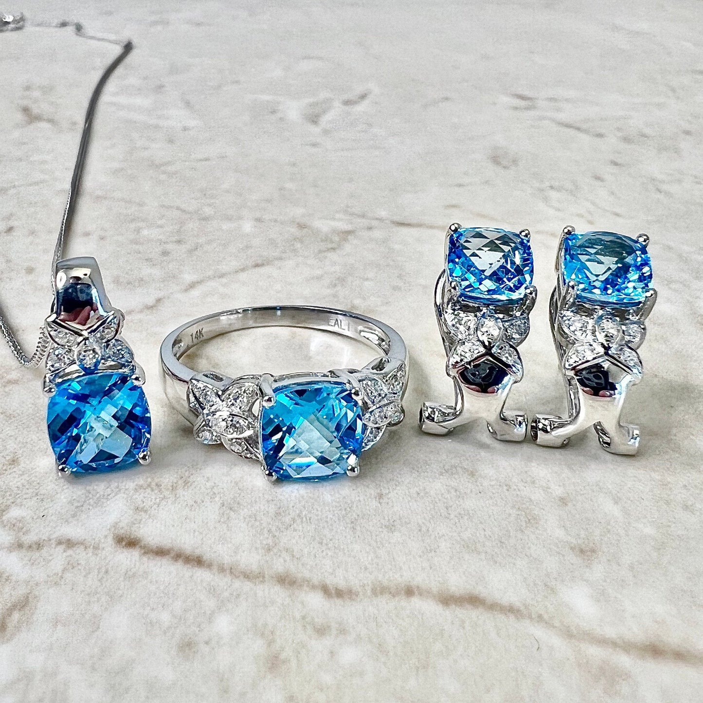 14K Swiss Blue Topaz & Diamond Ring Stud Earrings Pendant Set - White Gold Blue Topaz Jewelry Set - December Birthstone - Birthday Gift
