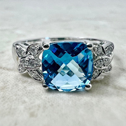 14 Karat White Gold Swiss Blue Topaz & Diamond Solitaire Cocktail Ring - WeilJewelry