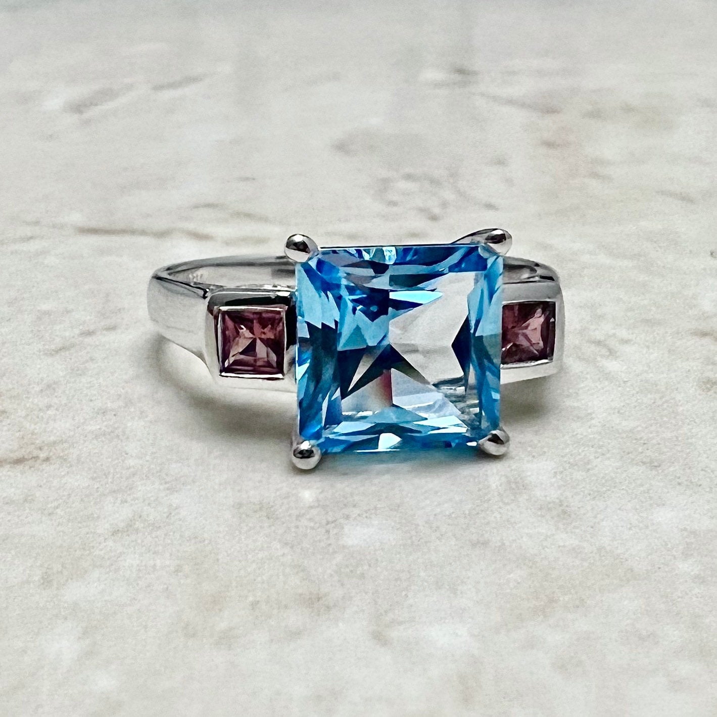 14 Karat White Gold Swiss Blue Topaz & Tourmaline Three - Stone Ring - WeilJewelry