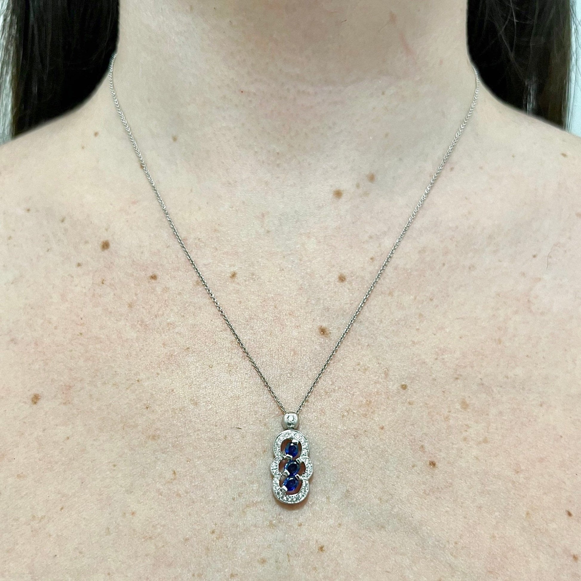 14K Halo Diamond & Sapphire 3 Stone Pendant Necklace - Halo Sapphire Necklace - April September Birthstone Necklace - Best Gifts For Her