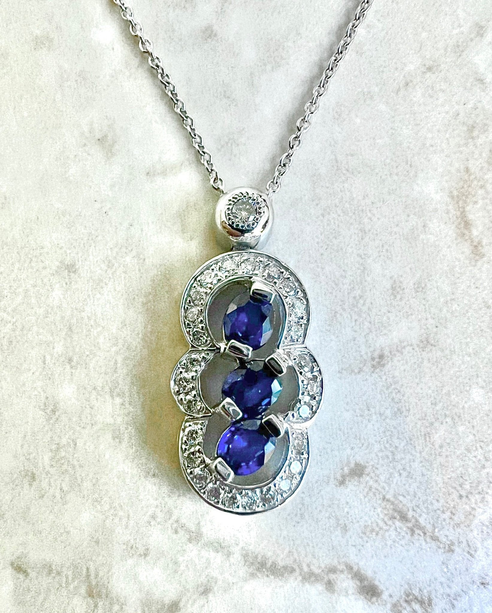 14K Halo Diamond & Sapphire 3 Stone Pendant Necklace - Halo Sapphire Necklace - April September Birthstone Necklace - Best Gifts For Her