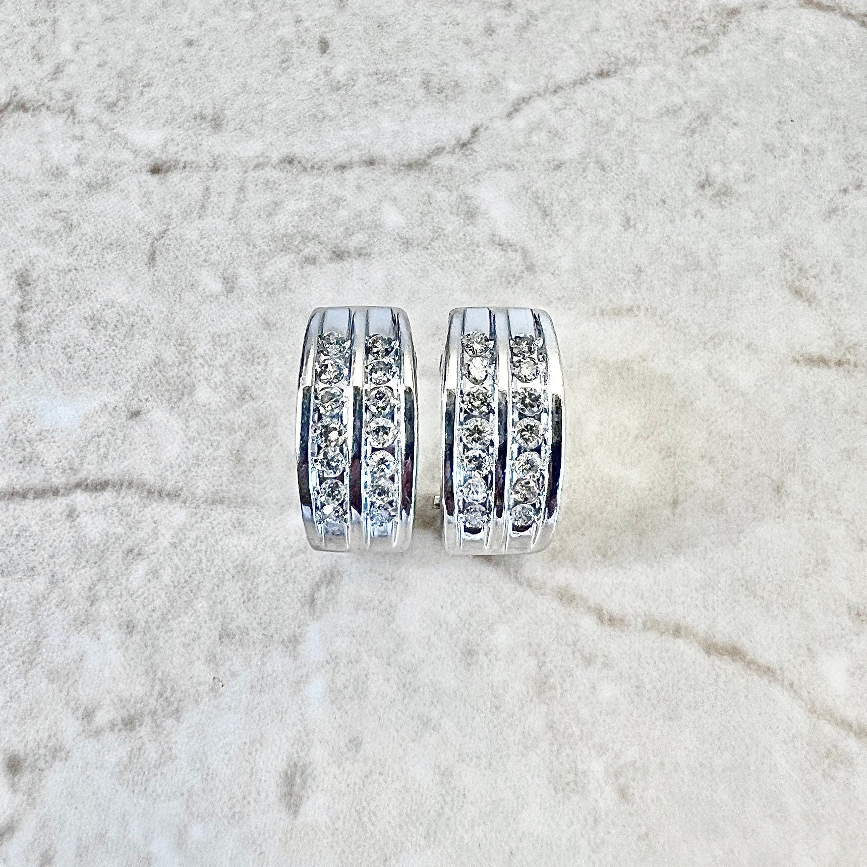 14K Diamond Huggie Earrings - 2 Row White Gold Diamond Earrings - Earclip Earrings - Birthday Gift - Best Gift For Her - Wedding Earrings