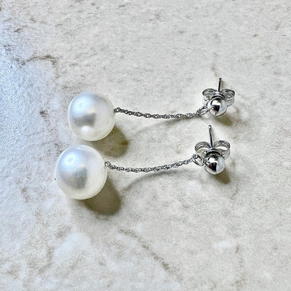 14K White Pearl Dangling Earrings - White Gold Genuine Pearl Earrings - Birthday Gift - June Birthstone - Best Gift For Her - Jewelry Sale