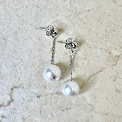 14K White Pearl Dangling Earrings - White Gold Genuine Pearl Earrings - Birthday Gift - June Birthstone - Best Gift For Her - Jewelry Sale