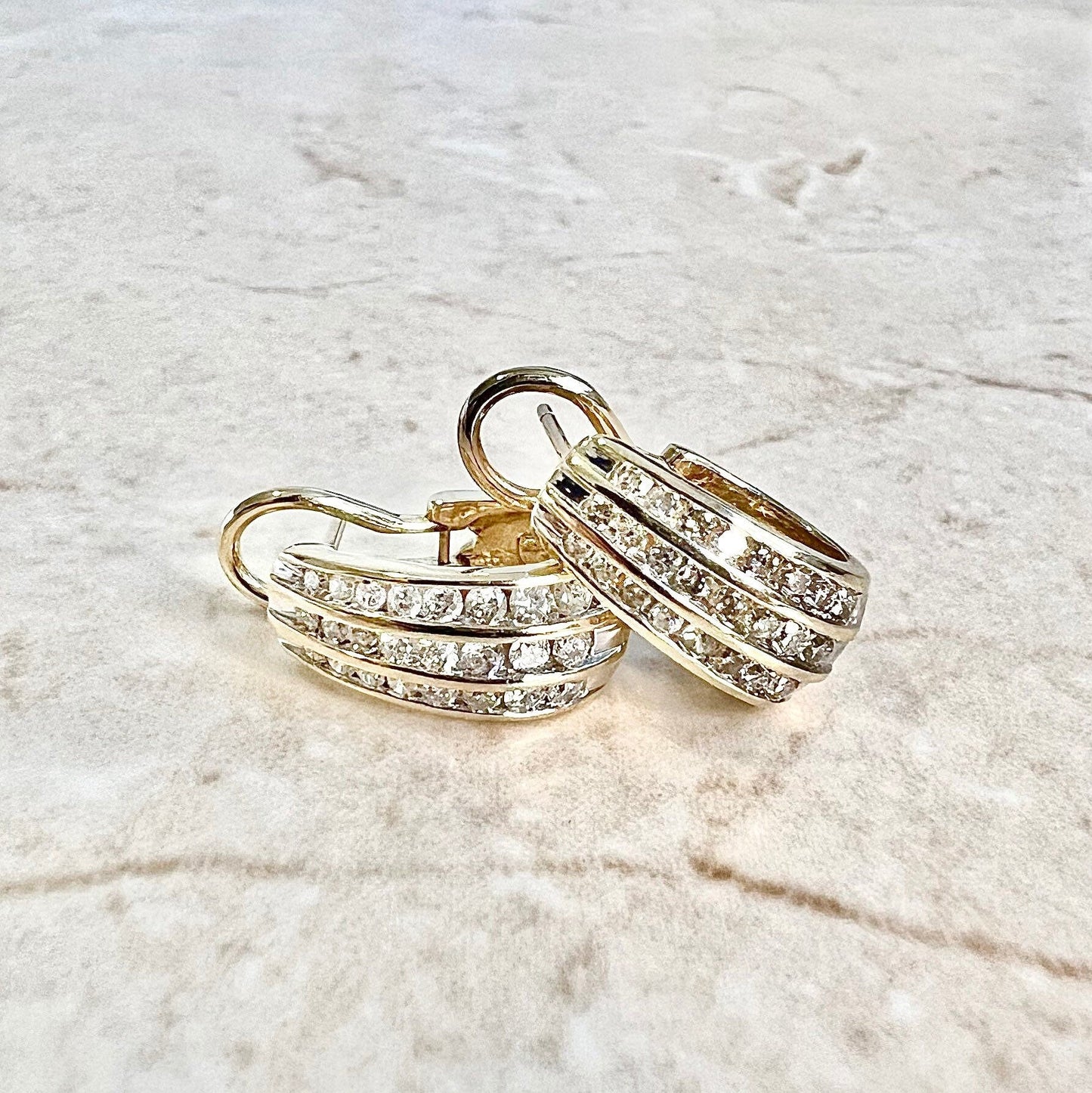 1 CTTW 14K Diamond Huggie Earrings - 3 Row Yellow Gold Diamond Earrings - Earclip Earrings - Best Gifts For Her - Diamond Bridal Earrings