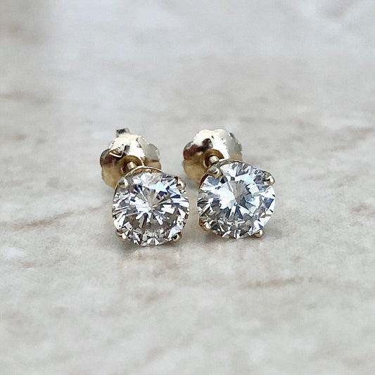 Round Diamond Stud Earrings 1.05 CTTW - Genuine Diamonds - 14 Karat Yellow Gold