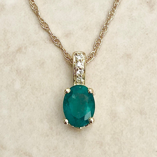 14 Karat Oval Emerald & Diamond Pendant Necklace - Yellow Gold Pendant Necklace - May Birthstone - Genuine Gemstone - 18” Chain