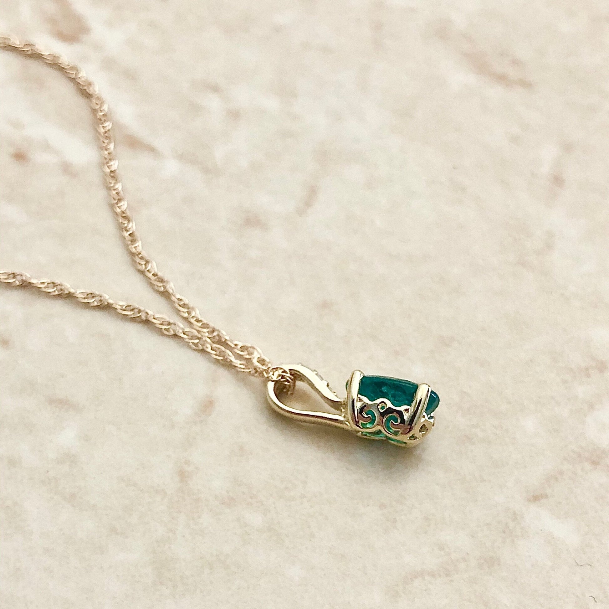 14 Karat Yellow Gold May Birthstone Oval Emerald & Diamond Pendant Necklace - WeilJewelry