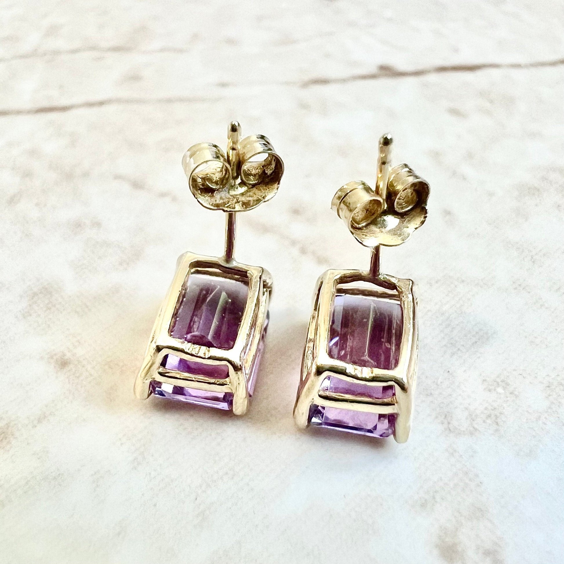 14K Emerald Cut Amethyst Stud Earrings - 14K Yellow Gold Amethyst Earrings - Amethyst Studs - February Birthstone Earrings - Gifts For Her