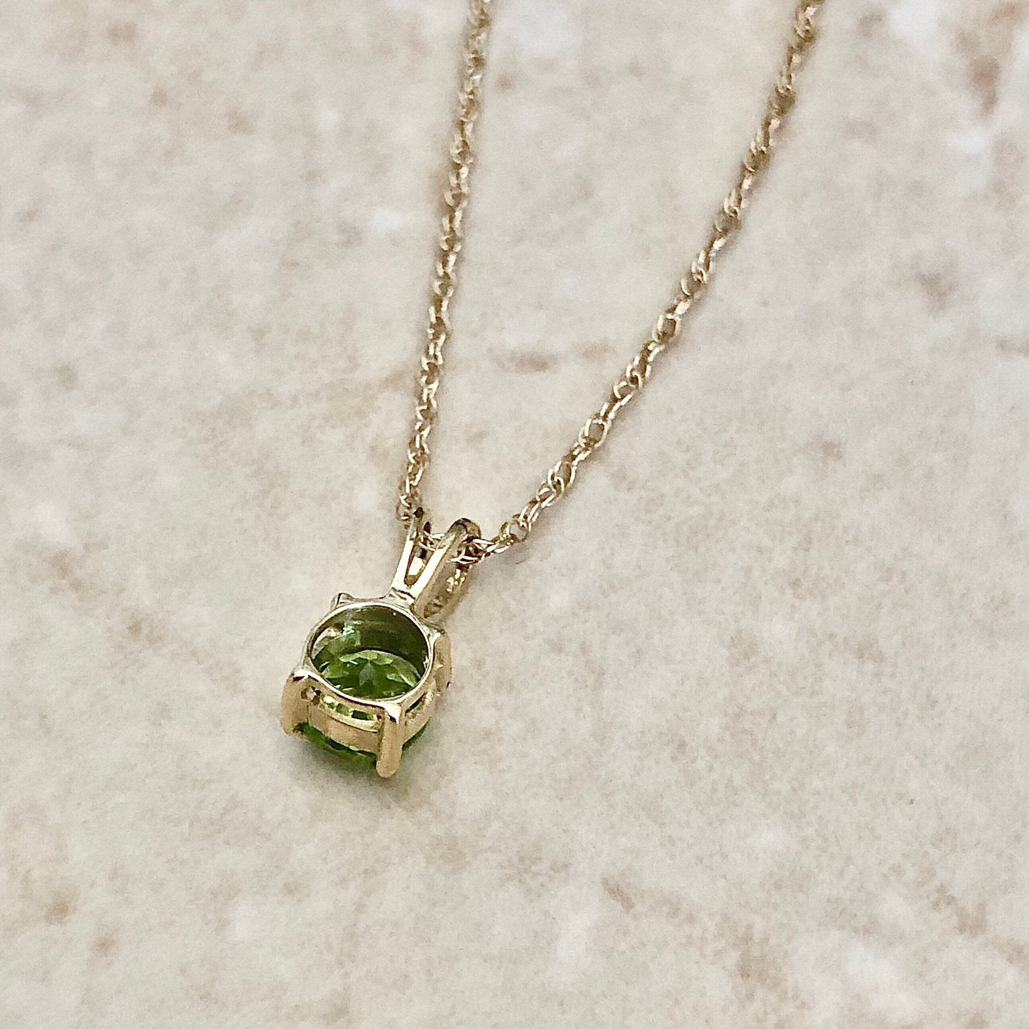 14 Karat Yellow Gold August Birthstone Natural Round Peridot Solitaire  Pendant Necklace