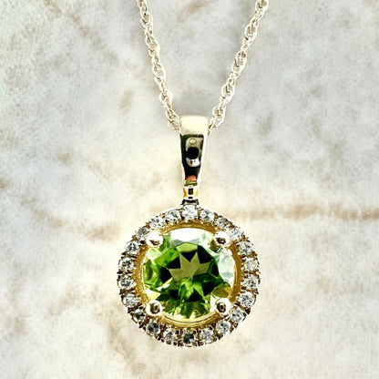 14K Round Peridot Halo Pendant Necklace - Yellow Gold Peridot Necklace - Peridot Halo Necklace - Peridot Pendant - August Birthstone Gift