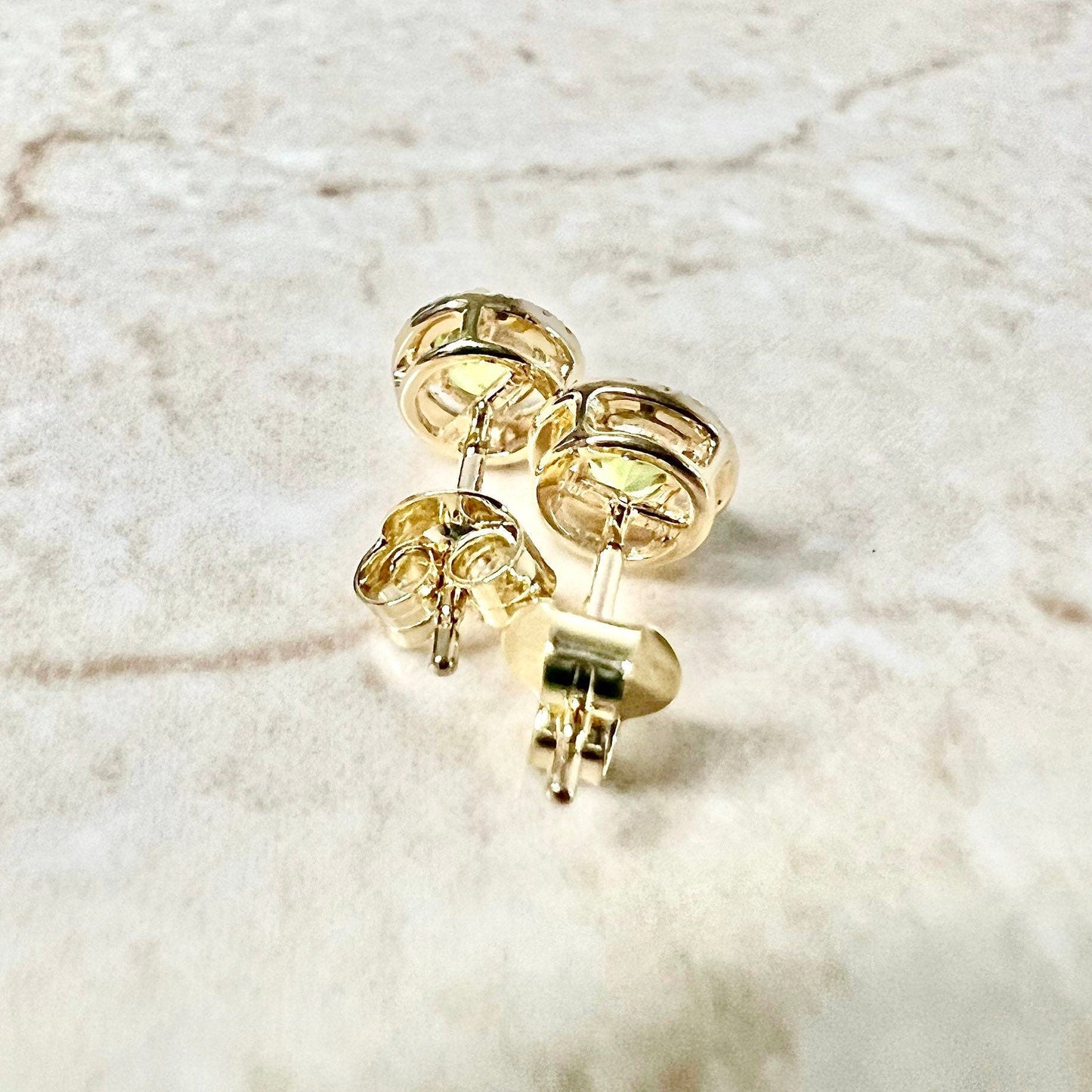 14K Round Peridot Halo Stud Earrings - Yellow Gold Peridot Studs - Gold Peridot Earrings - Genuine Peridot Halo Earrings - August Birthstone
