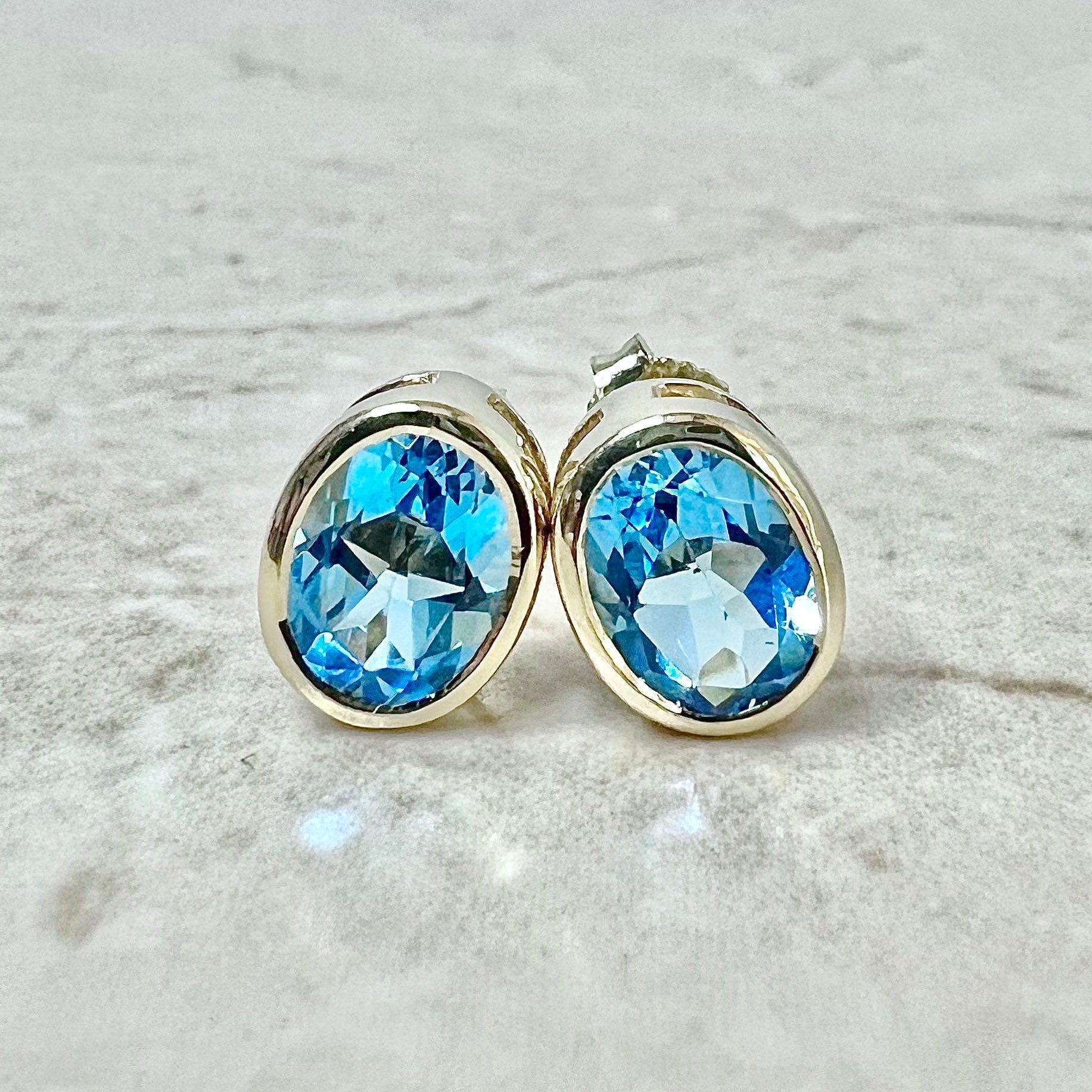 14 Karat Yellow Gold Bezel Swiss Blue Topaz Stud Earrings - WeilJewelry