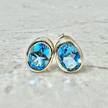 14 Karat Yellow Gold Bezel Swiss Blue Topaz Stud Earrings - WeilJewelry