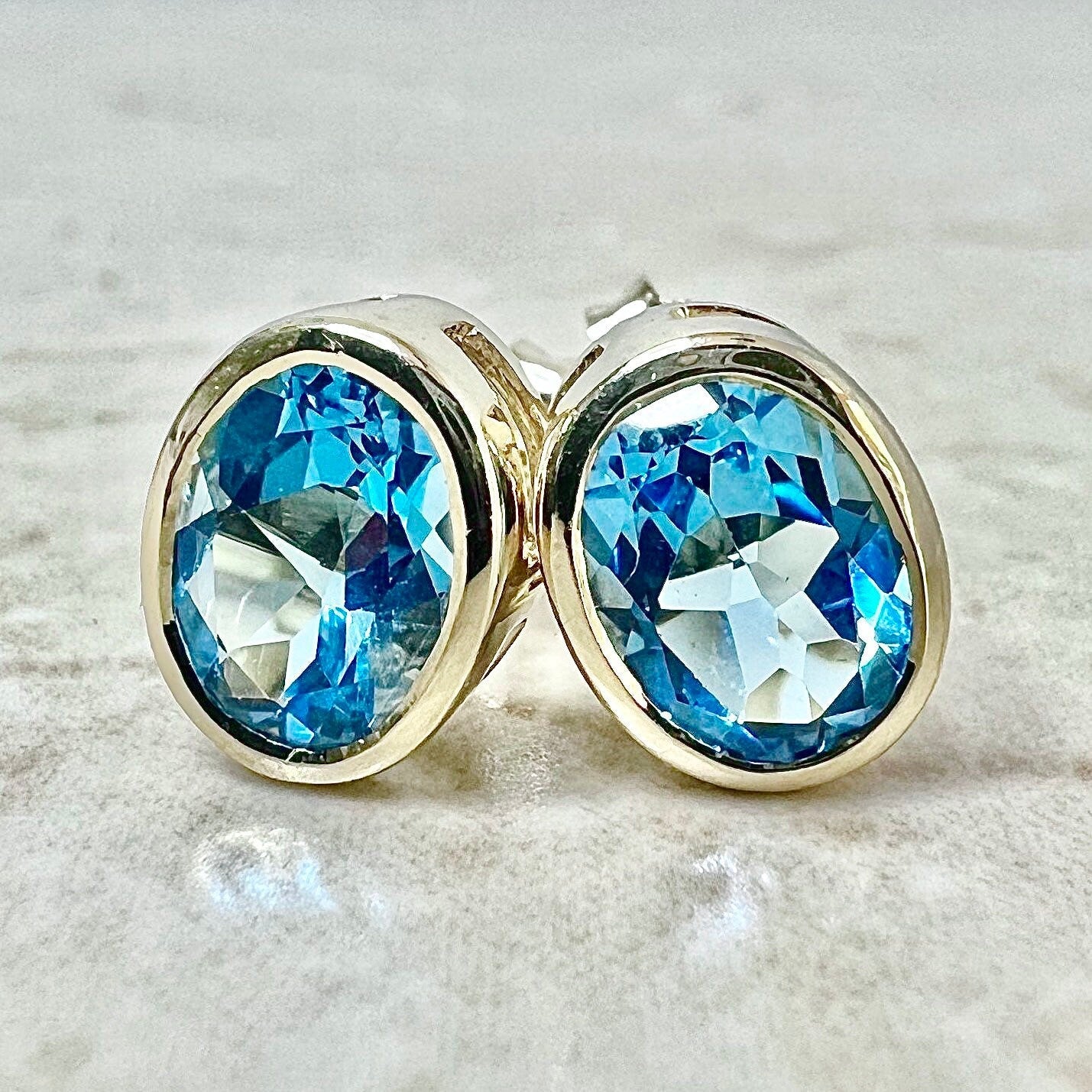 14 Karat Yellow Gold Bezel Swiss Blue Topaz Stud Earrings - WeilJewelry