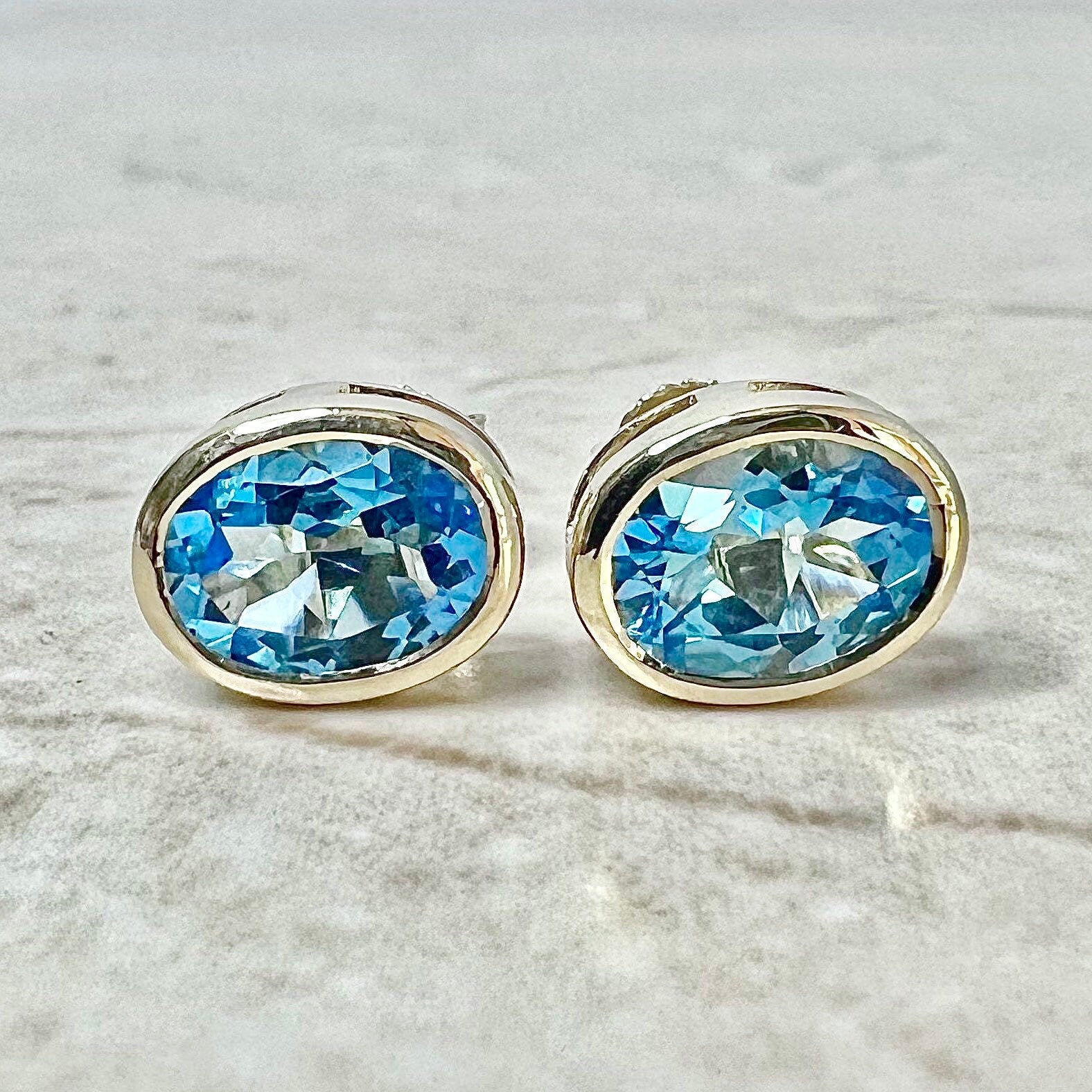 14 Karat Yellow Gold Bezel Swiss Blue Topaz Stud Earrings - WeilJewelry