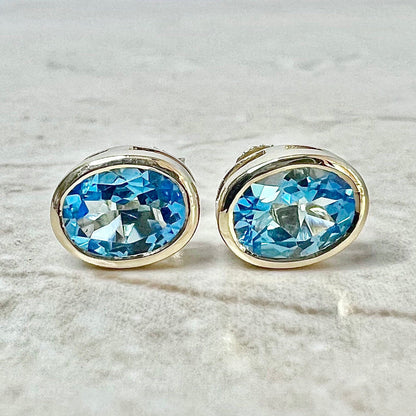 14 Karat Yellow Gold Bezel Swiss Blue Topaz Stud Earrings - WeilJewelry