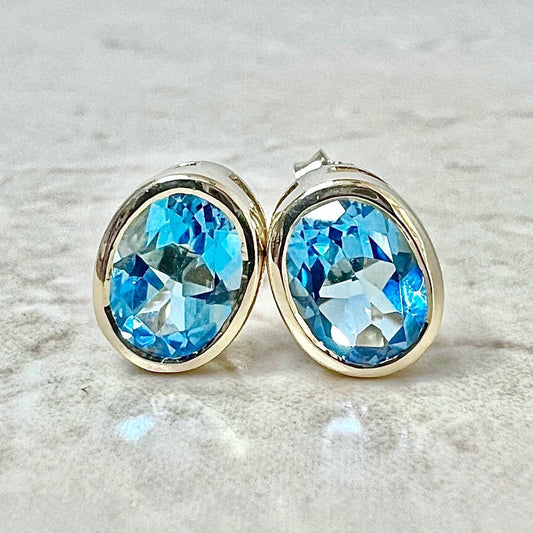 14 Karat Yellow Gold Bezel Swiss Blue Topaz Stud Earrings - WeilJewelry