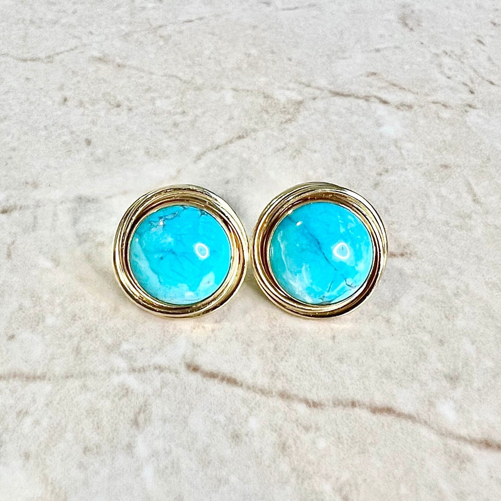 14 Karat Yellow Gold Bezel Turquoise Stud Earrings - WeilJewelry