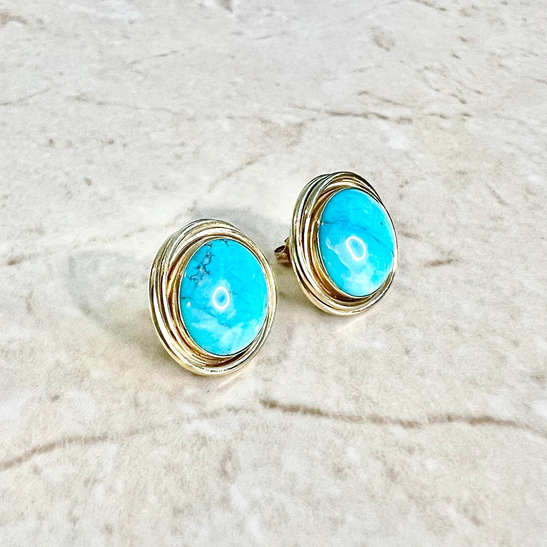 14 Karat Yellow Gold Bezel Turquoise Stud Earrings - WeilJewelry