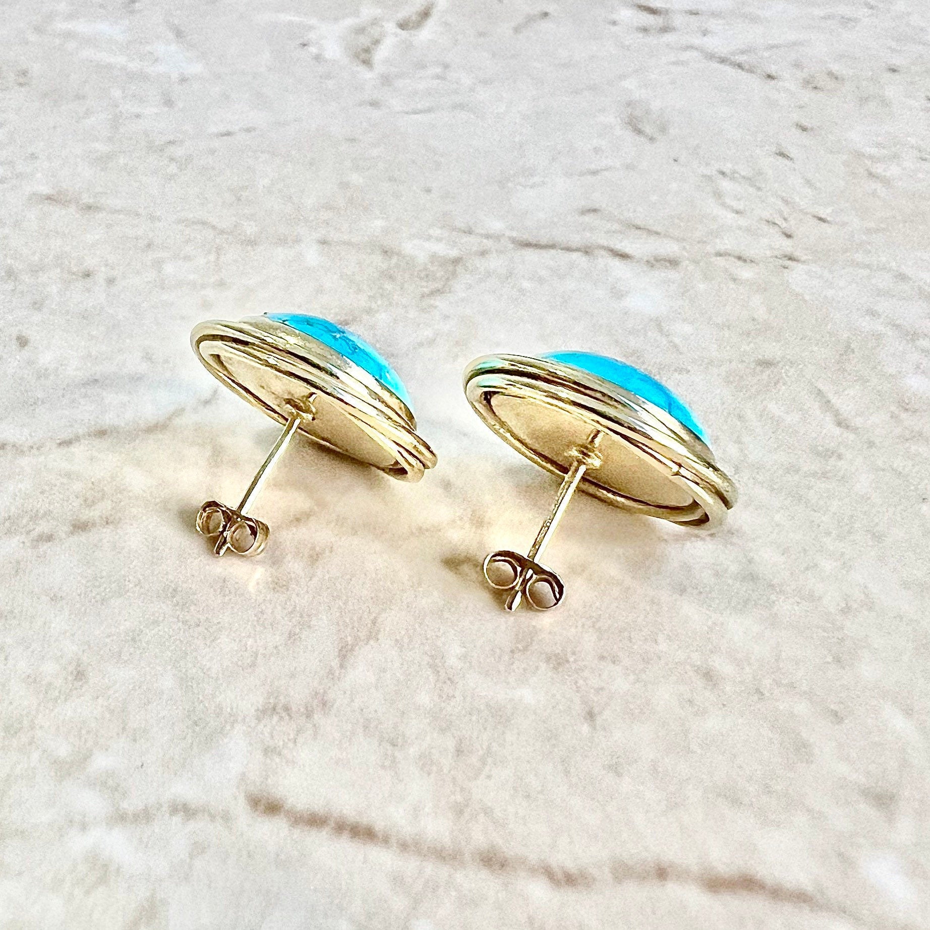 14 Karat Yellow Gold Bezel Turquoise Stud Earrings - WeilJewelry