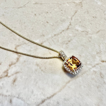 14K Citrine & Diamond Halo Pendant Necklace - Yellow Gold Pendant Necklace - November Birthstone - Genuine Gemstone - Birthday Gift For Her