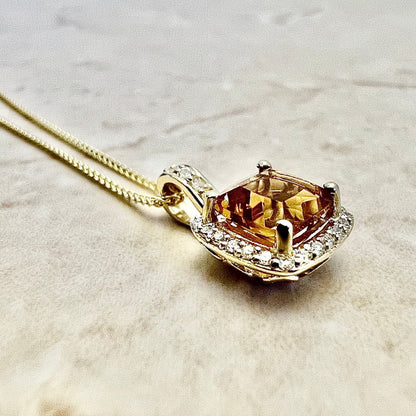 14K Citrine & Diamond Halo Pendant Necklace - Yellow Gold Pendant Necklace - November Birthstone - Genuine Gemstone - Birthday Gift For Her