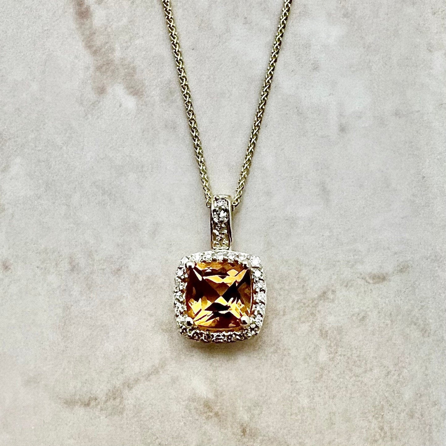 14K Citrine & Diamond Halo Pendant Necklace - Yellow Gold Pendant Necklace - November Birthstone - Genuine Gemstone - Birthday Gift For Her