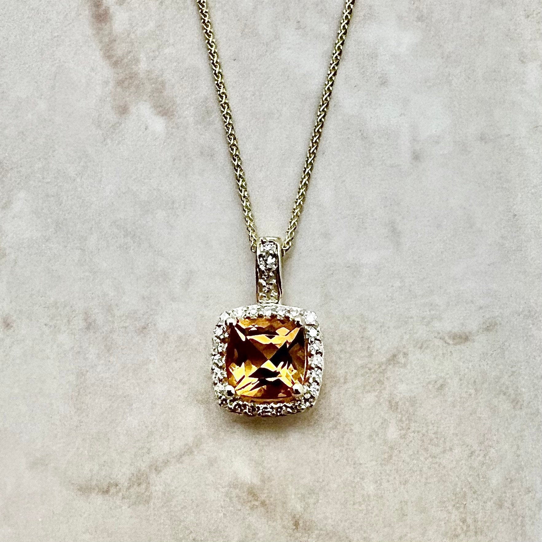 14 Karat Yellow Gold Birthstone Citrine & Diamond Halo Pendant Necklace - WeilJewelry