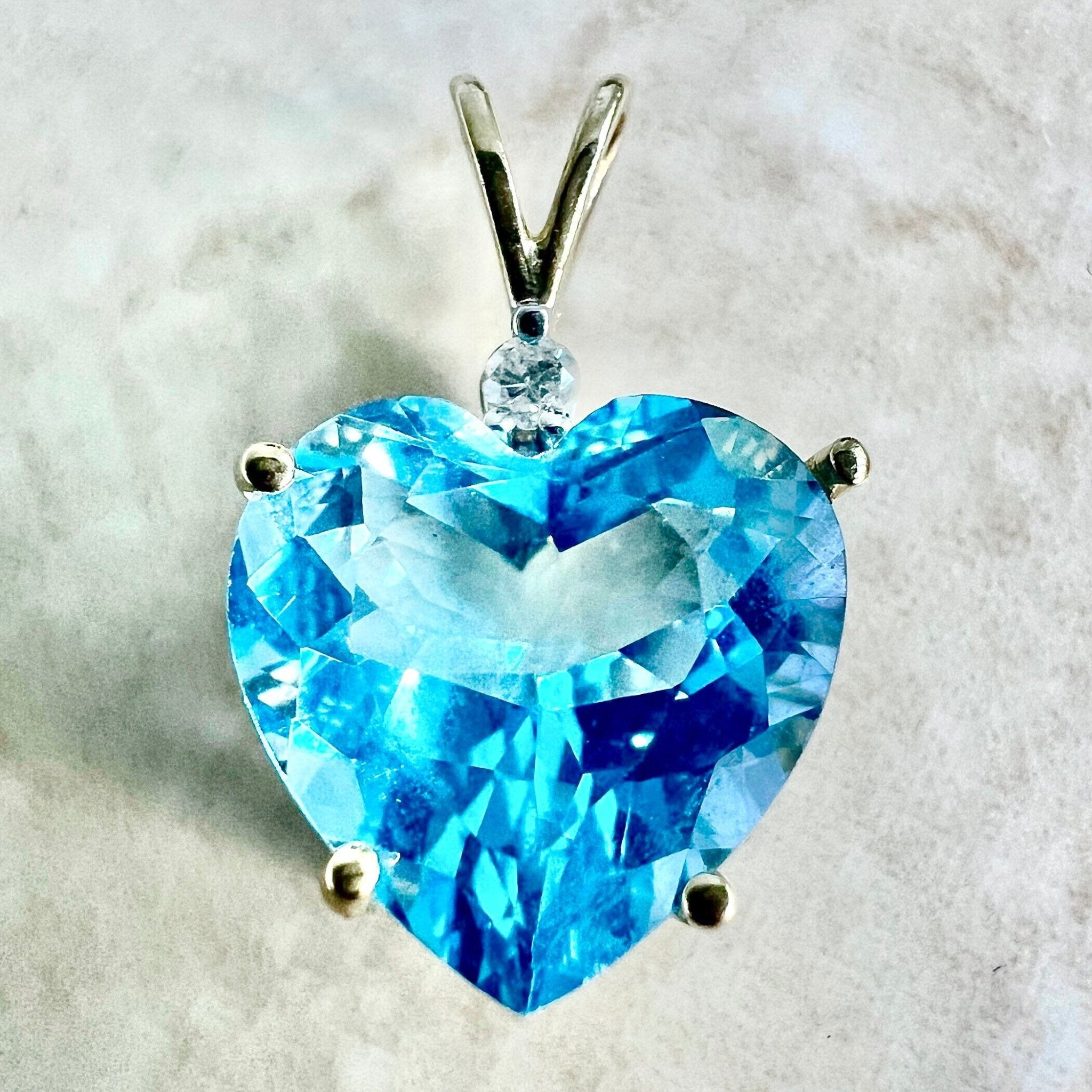 14 Karat Yellow Gold Blue Topaz & Diamond Heart Pendant - WeilJewelry